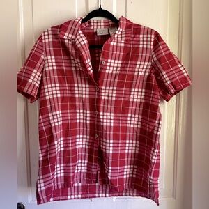 Linen cotton blend vintage summer gingham checked red and white picnic shirt